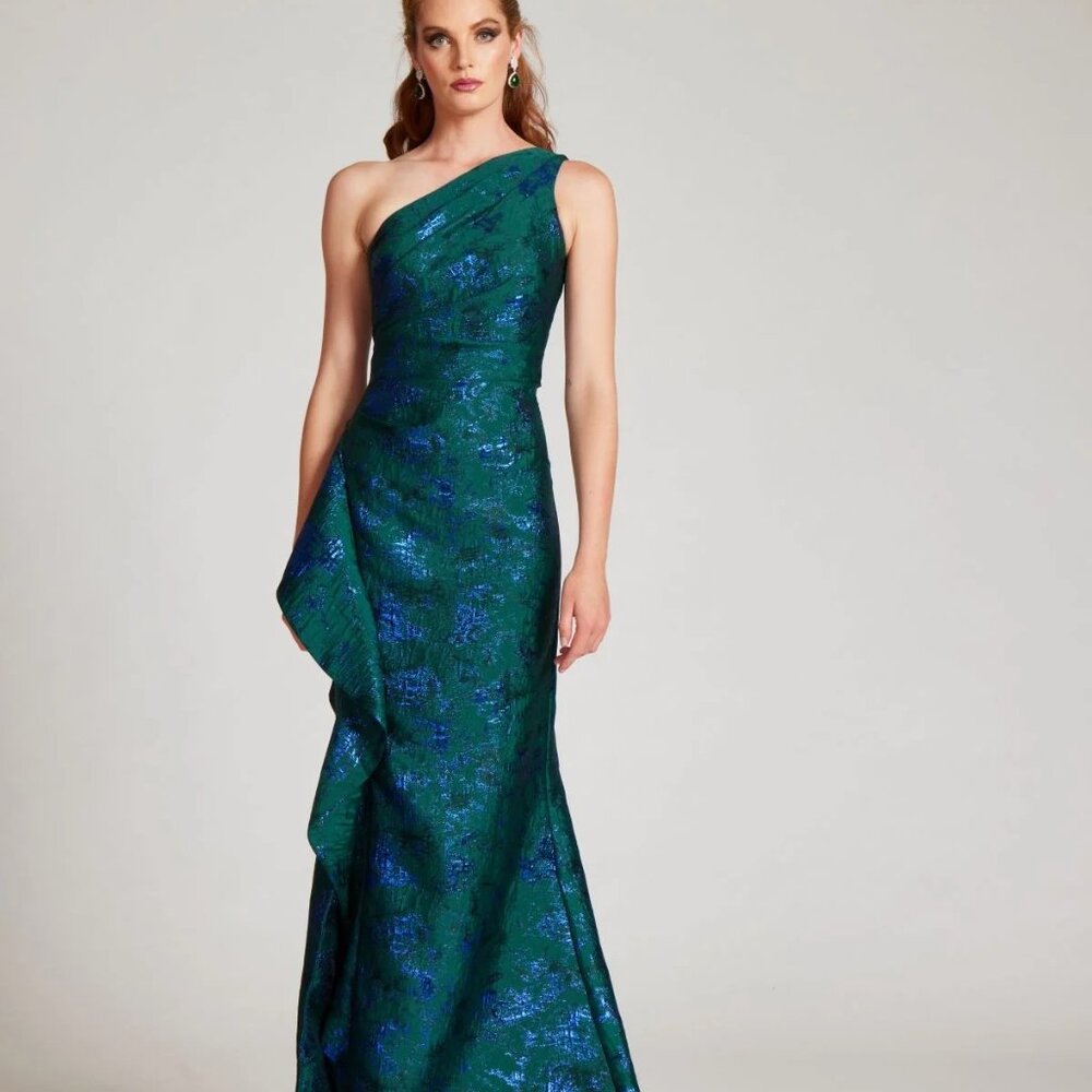 Rickie Freeman for Teri Jon One-Shoulder Gown – Green/Blue Jacquard – Size 10